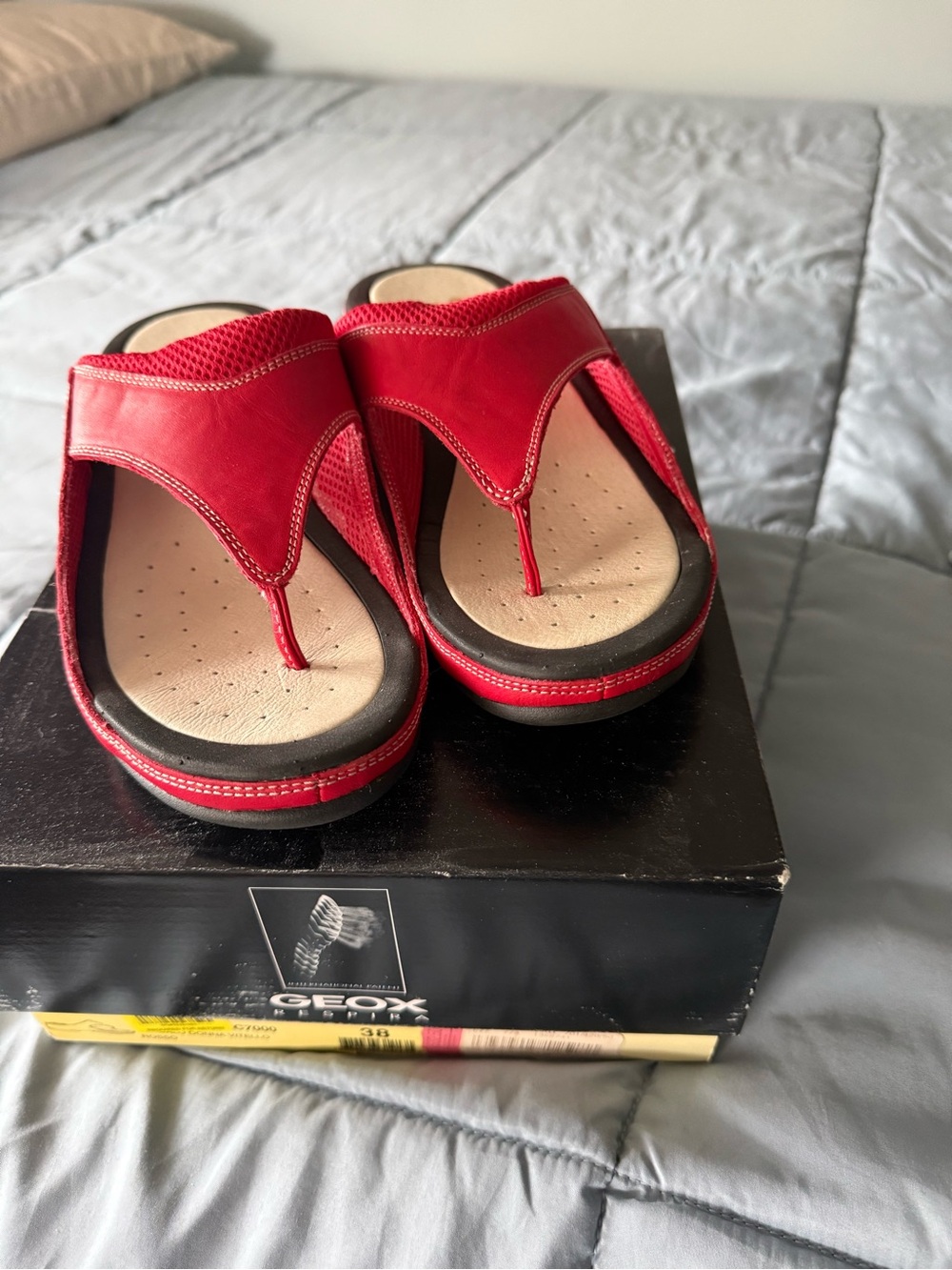 Geox Red Leather Thong Sandals with Beige Footbed